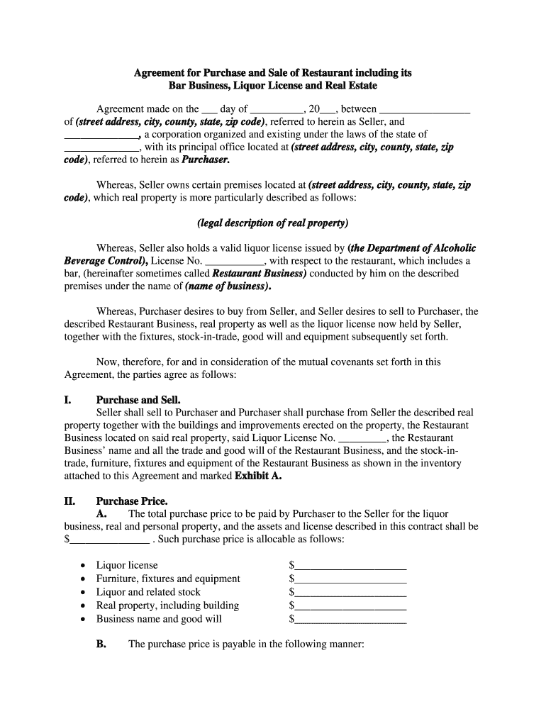 Restaurant Purchase Agreement PDF  Form
