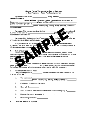 Agreement for Sale of Business by Sole Proprietorship General Form