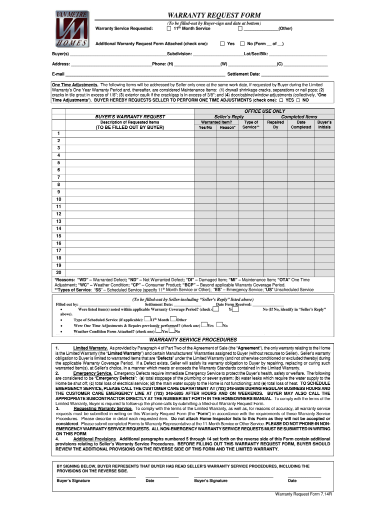 Get and Sign Warranty Request Form  Van Metre Homes 2014-2022