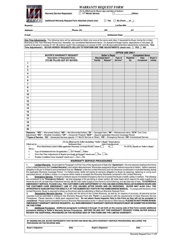  Warranty Request Form  Van Metre Homes 2014-2024