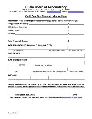 Guam Board of Accountancy Credit Card One Time Authorization Form