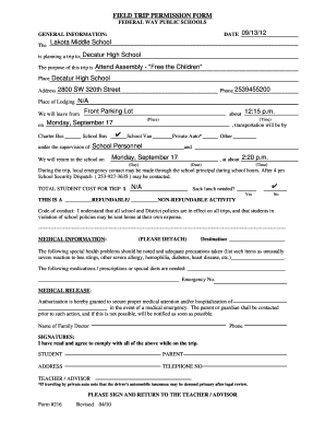 FIELD TRIP PERMISSION FORM 091312 Lakota Middle School Schools Fwps