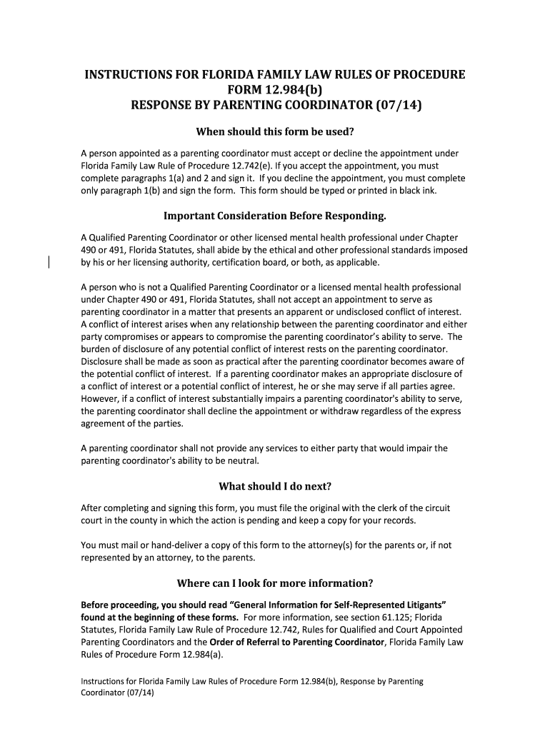  Florida Family Law Rules of Procedure Form 12 984, Response by Parenting Coordinator    12 984, Response by Parenting Coor 2014-2024