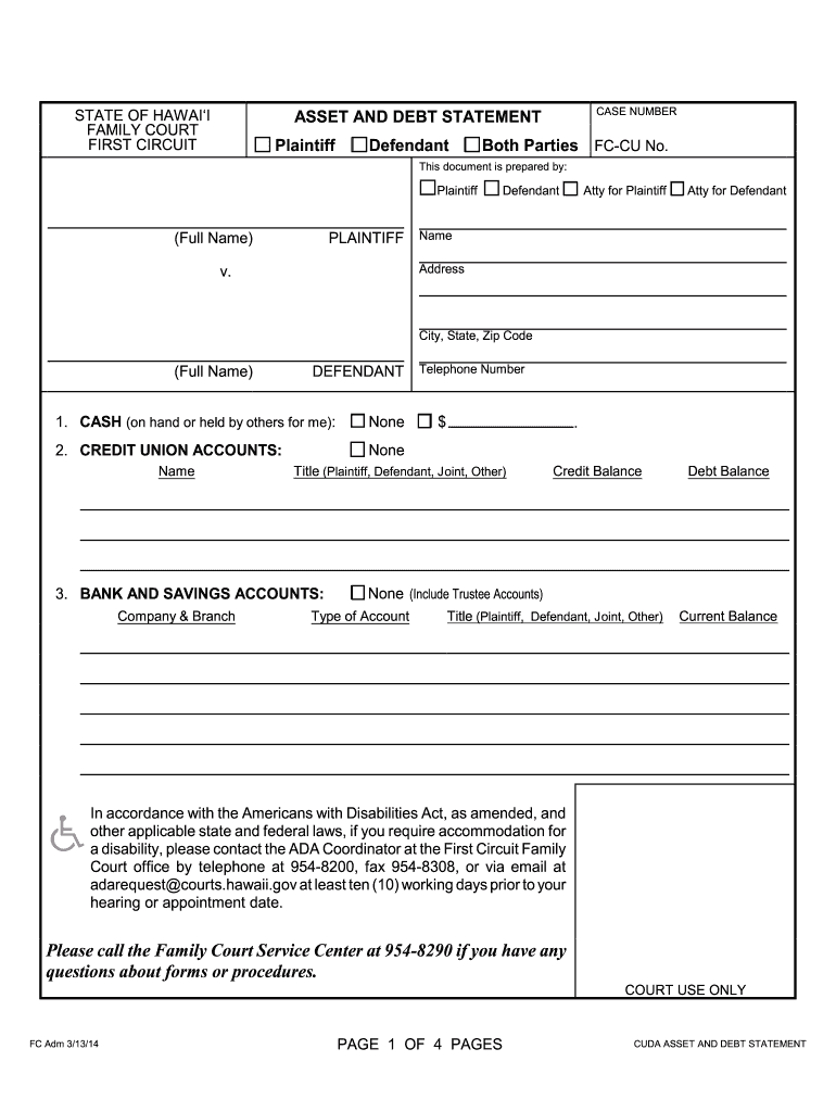 Hawaii Asset Debt Statement  Form