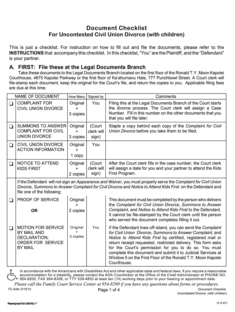 Document Checklist for Uncontested Civil Union Divorce with Children Courts State Hi  Form