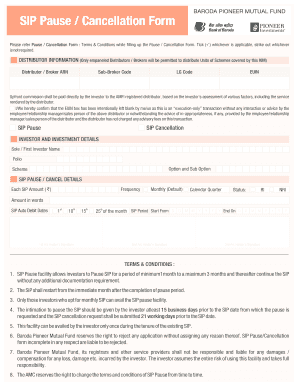 SIP Pause Cancellation Form Baroda Pioneer Mutual Fund