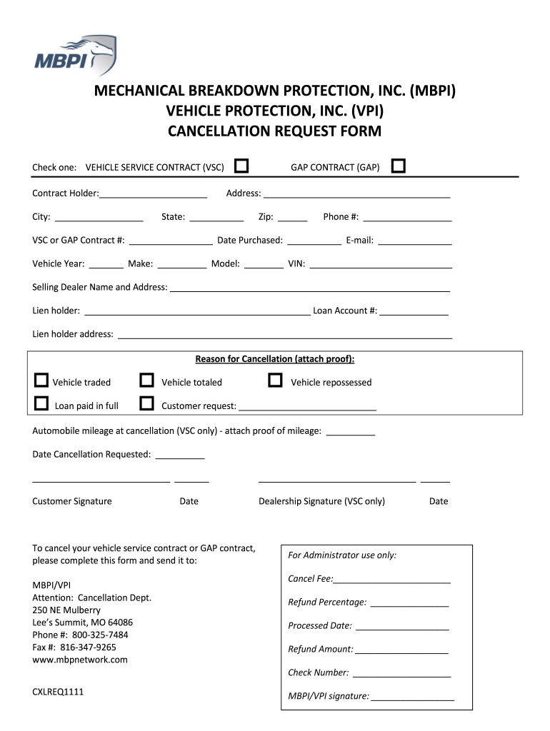 Cancellation Request Form Mechanical Breakdown Protection, Inc