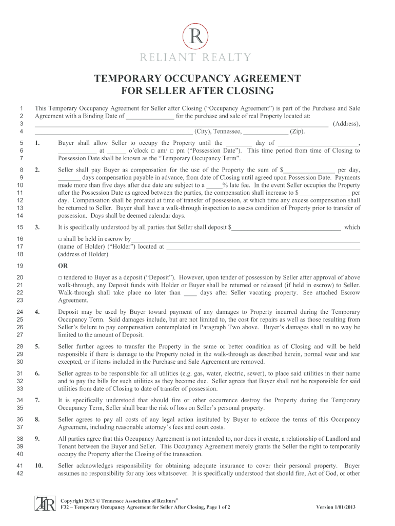 Temporary Occupancy Agreement  Form
