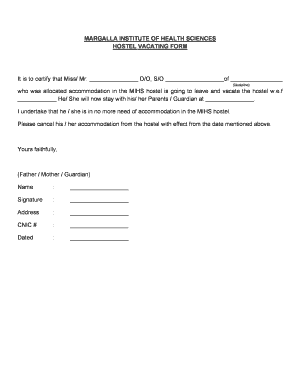 Hostel Vacating Letter  Form