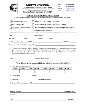 University Bonafide Certificate  Form