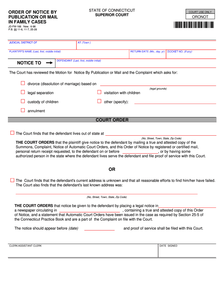 Form JD FM 168 Order for Notice by Publication or Mail in Family 1998