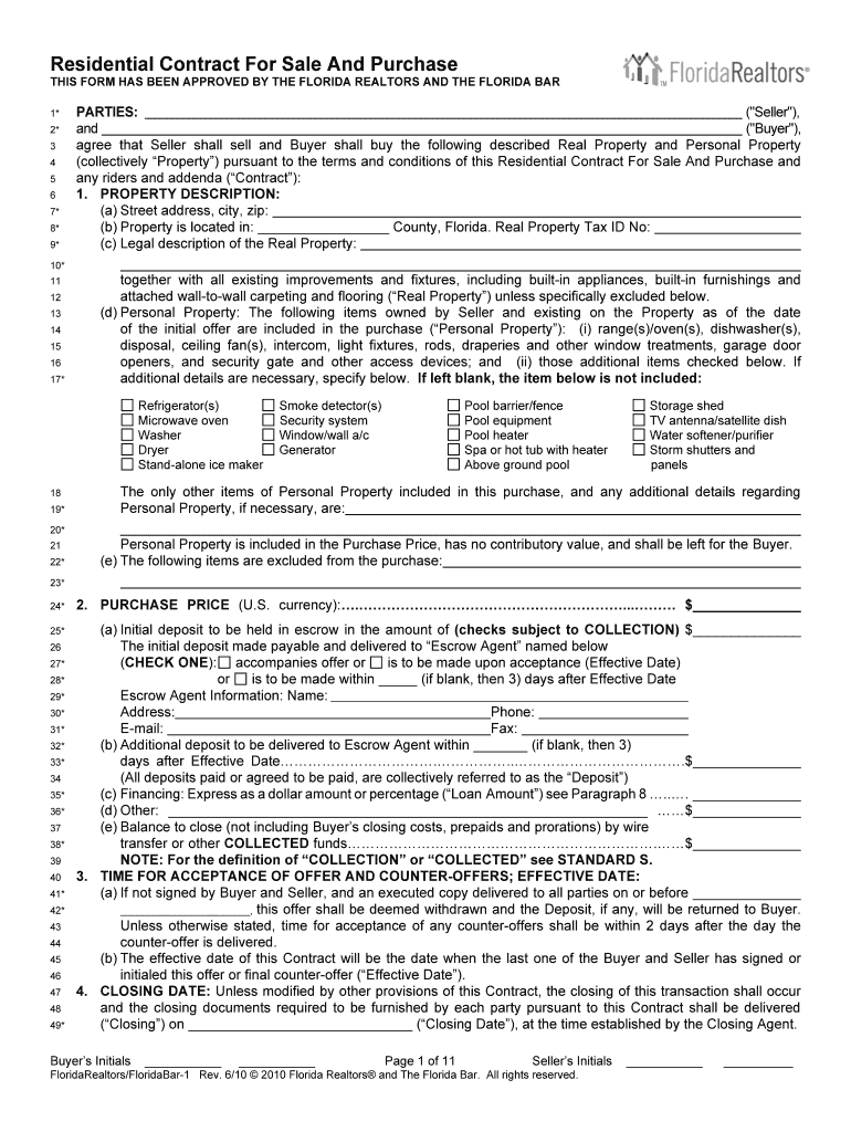 Residential Contract for Sale and Purchase  Fill Any PDF Form