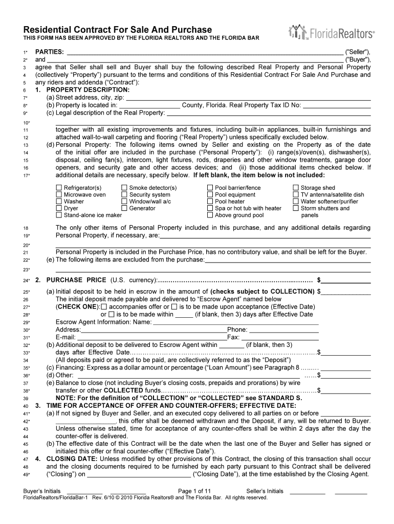 Residential Contract for Sale and Purchase Fill Any PDF Form