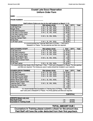 CLSR Uniform Order Form Crystal Lake Scout Reservation Clsr Samoset