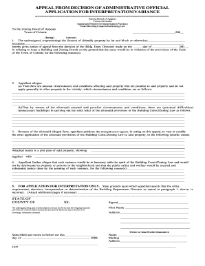 Appeal Sheet for Variance Town of Colonie Colonie  Form