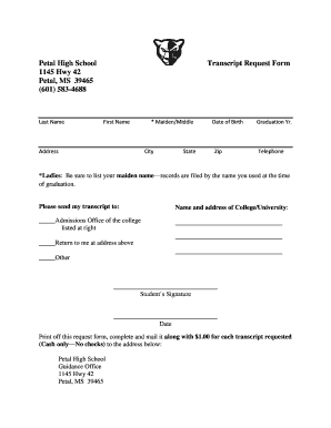 Petal High School Transcript Request Form 1145 Hwy 42 Petal, MS