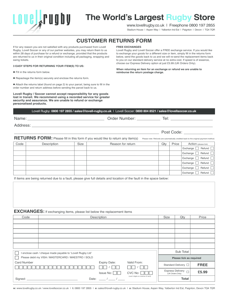 Rugby Returns  Form