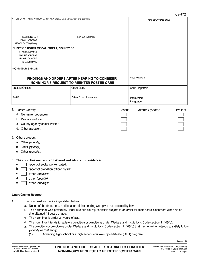  JV 472 FINDINGS and ORDERS AFTER HEARING to CONSIDER Judicial Councilf Orms Courts Ca 2014