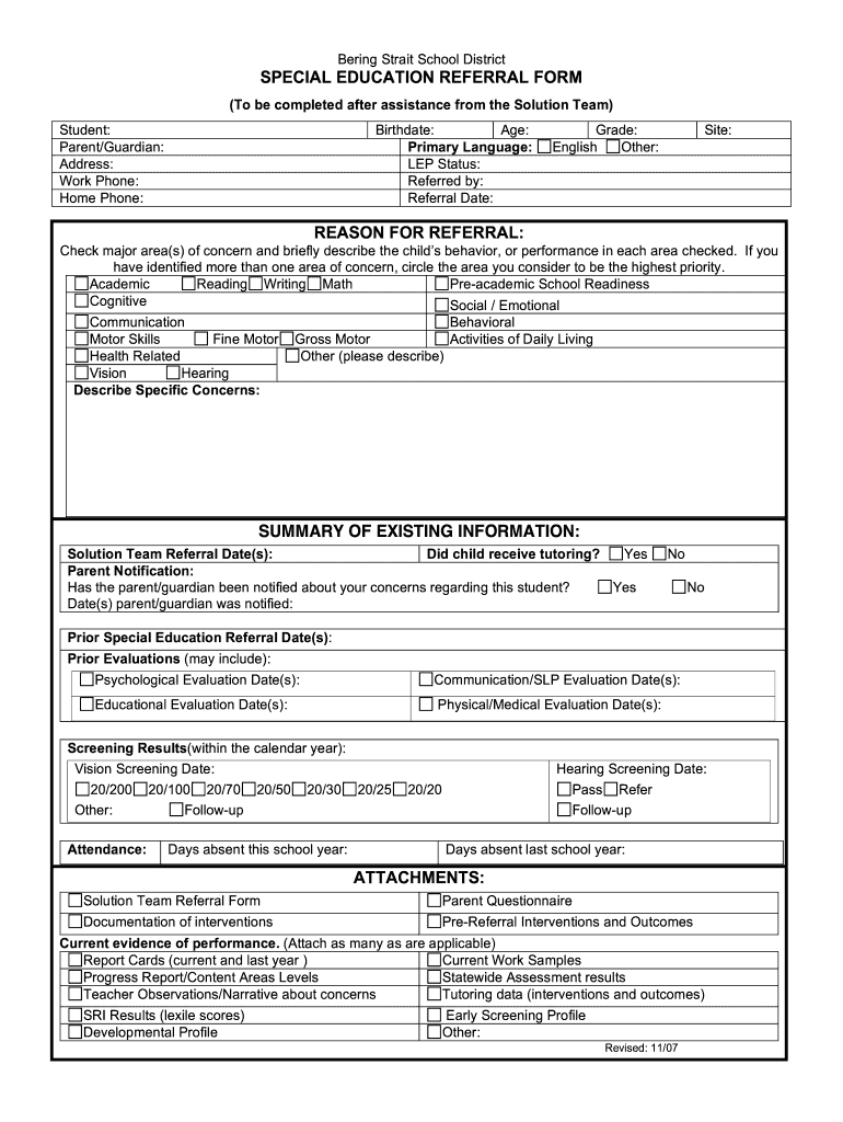 SPECIAL EDUCATION REFERRAL FORM REASON for
