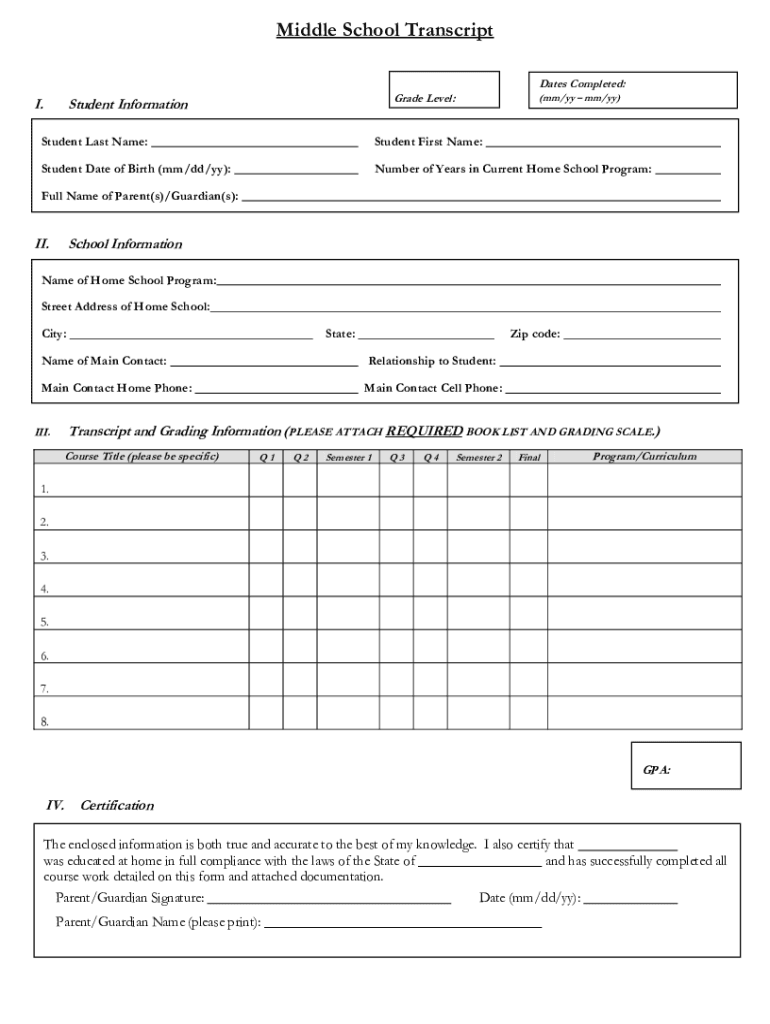 Middle School Transcript Instructions  Pope John Paul the Great    Jpthegreat  Form