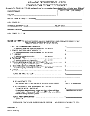 Arkansas Separtment of Health Cost Estimate Worksheet  Form