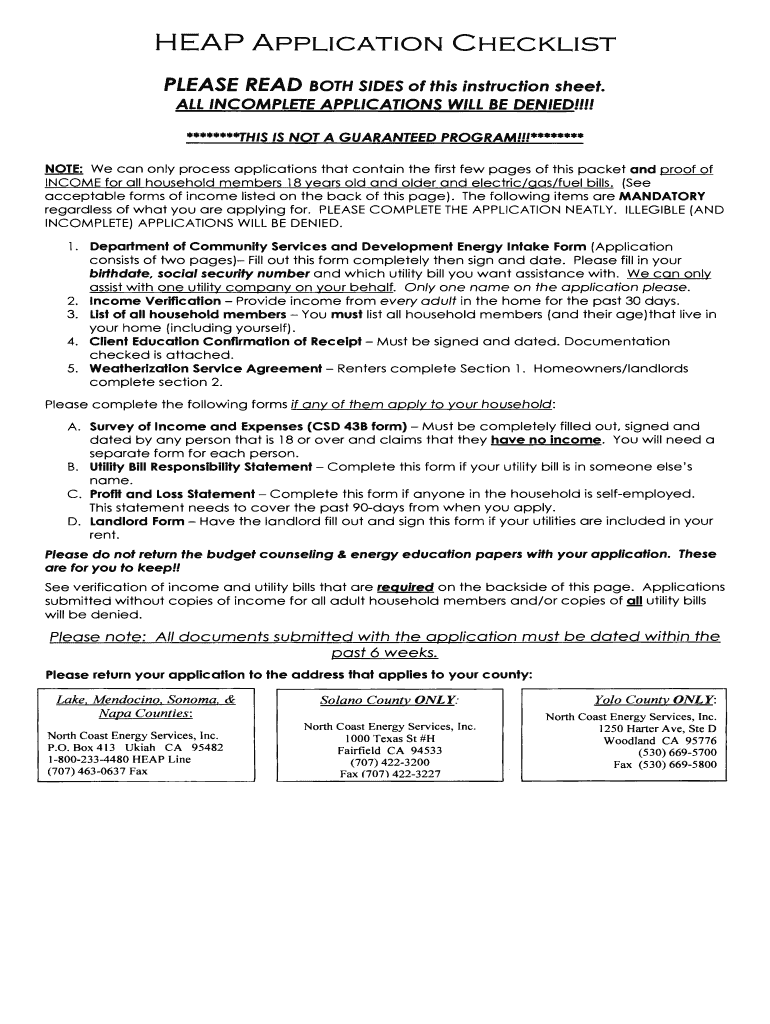 HEAP APPLICATION CHECKLIST  North Coast Energy Services  Form