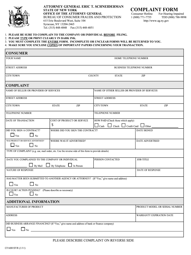  Syracuse Complaint Form  New York State Attorney General  Ag Ny 2011-2024