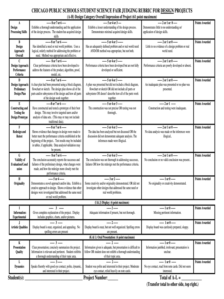 CHICAGO PUBLIC SCHOOLS STUDENT SCIENCE FAIR JUDGING SCORE SHEET Cpsscifair  Form