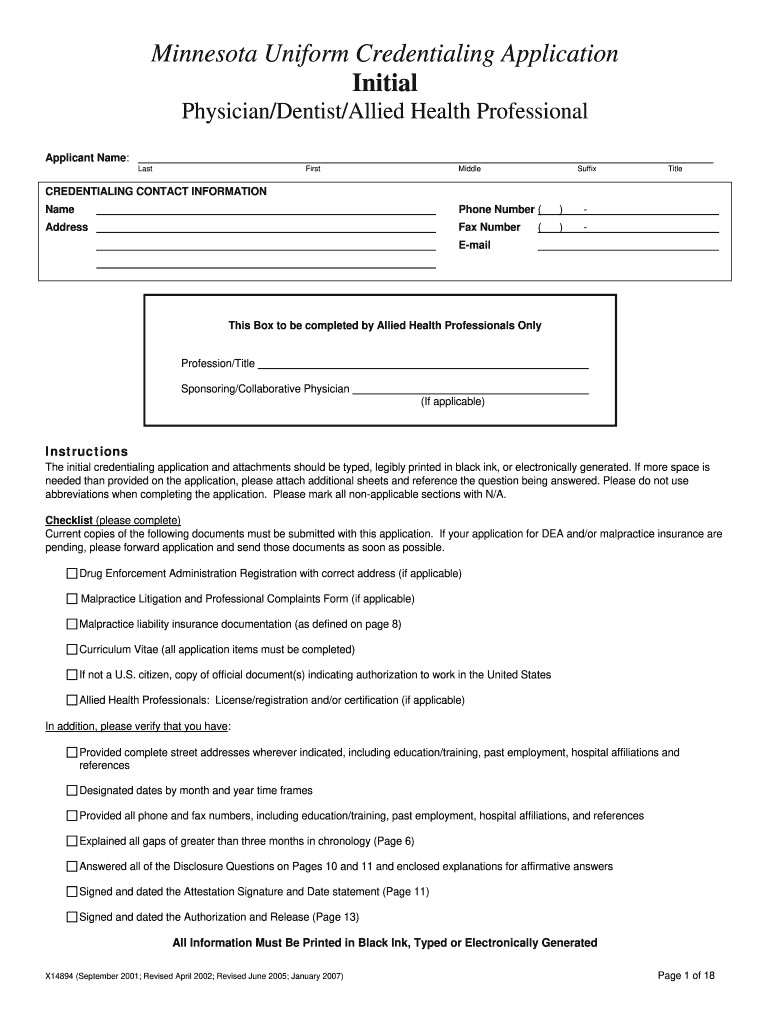  Minnesota Uniform Credentialing Application 2007-2024