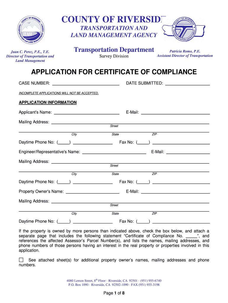  Application for Certificate of Compliance TLMA Rctlma 2014