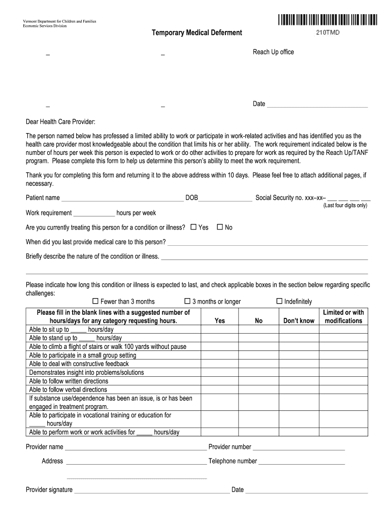 210TMD Medical Def Form Dcf Vermont