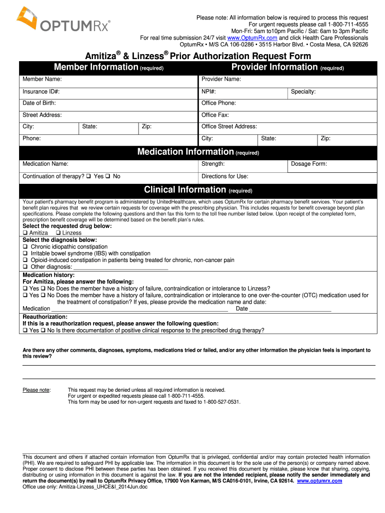  & Linzess Prior Authorization Request Form    OptumRx 2014