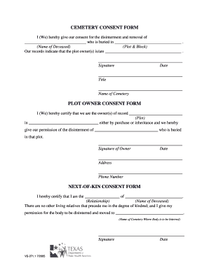 Cemetery Consent Form Plot Owner Consent Form Next of Kin Consent Dshs State Tx