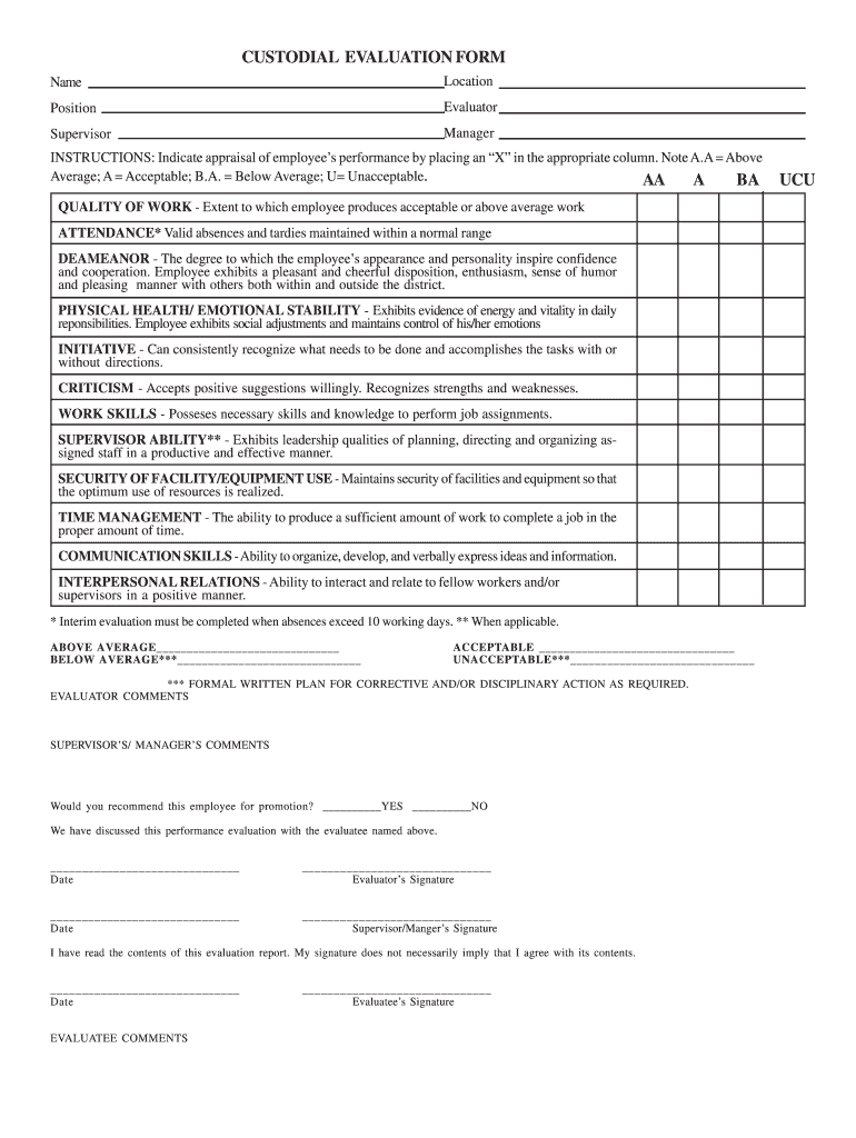 Custodian Performance Evaluation Examples