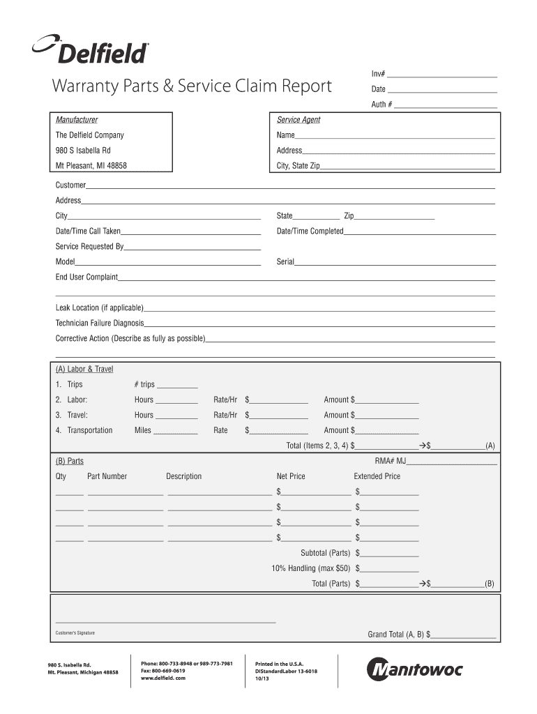  Warranty Parts & Service Claim Report  Delfield 2013-2024