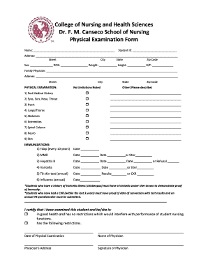 F M Canseco School of Nursing Physical Examination Form Tamiu