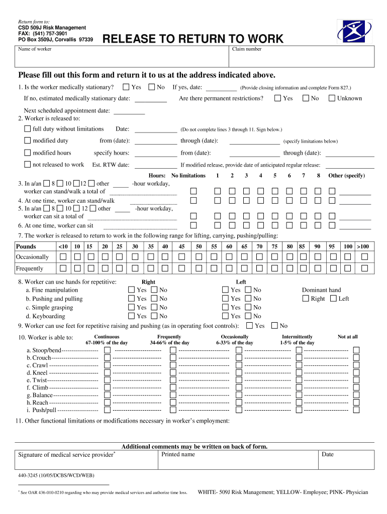 Return to Work Form Printable