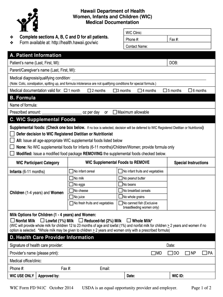  WIC Medical Documentation Form Hawaii Department of Health 2014