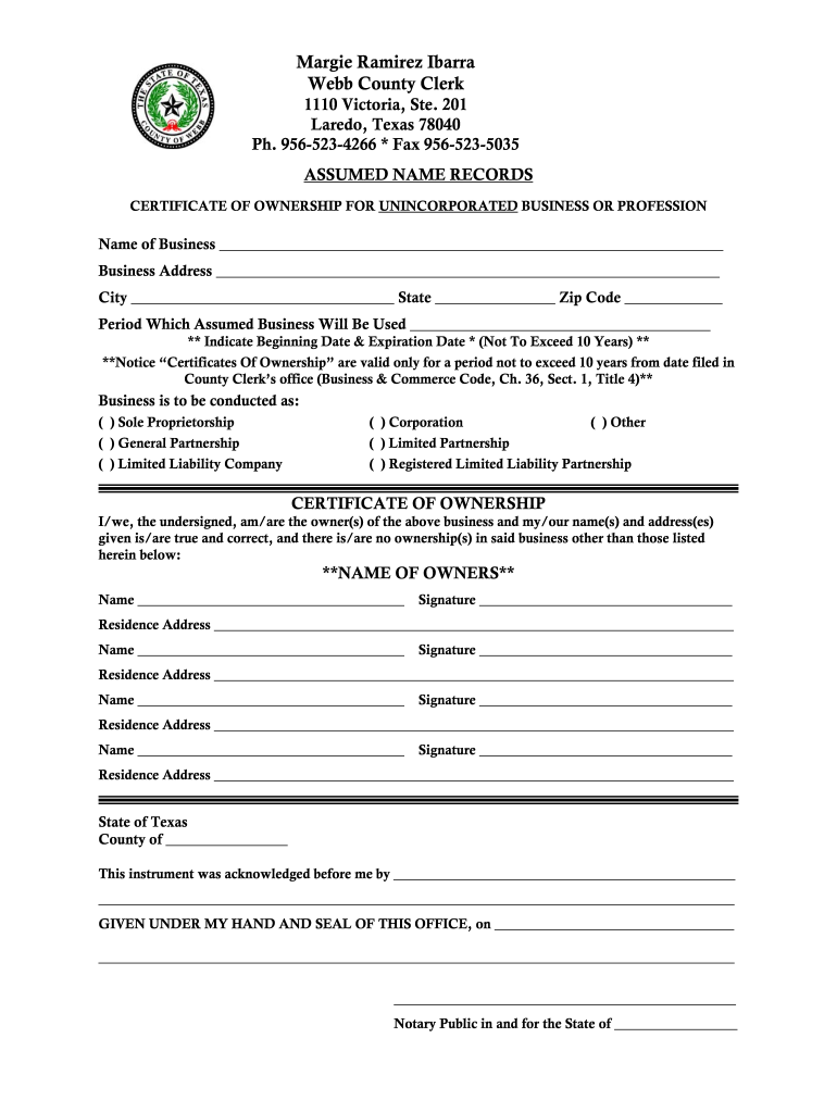 Assumed Name Certificate  Form