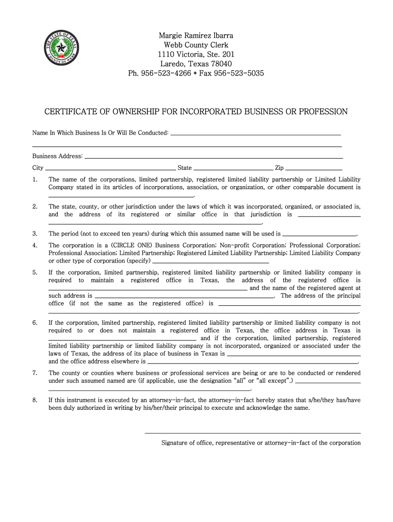Certificate Ownership Profession  Form