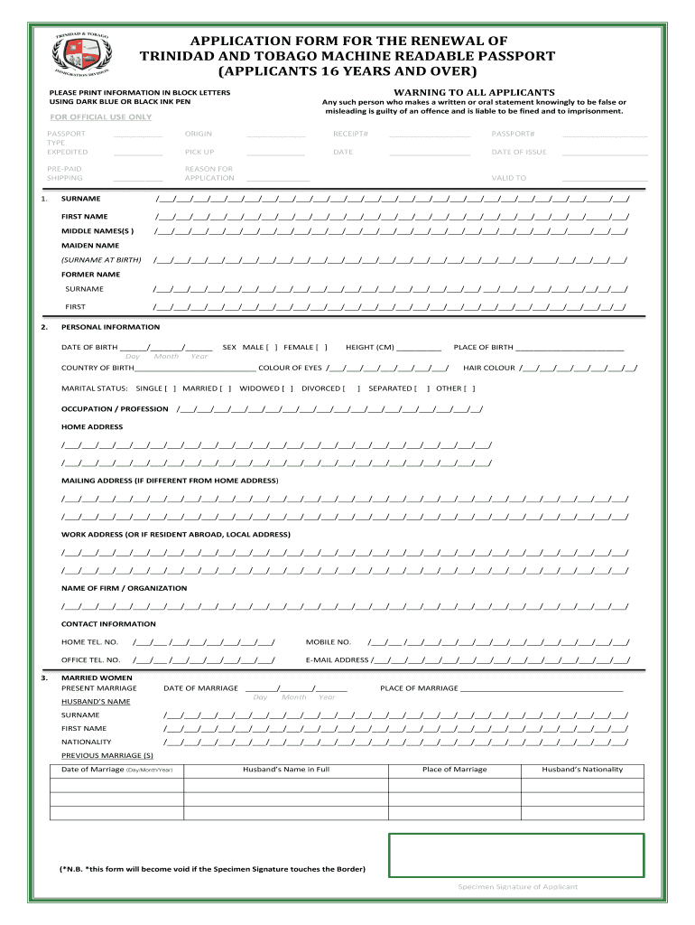 Trinidad and Tobago Passport Renewal  Form