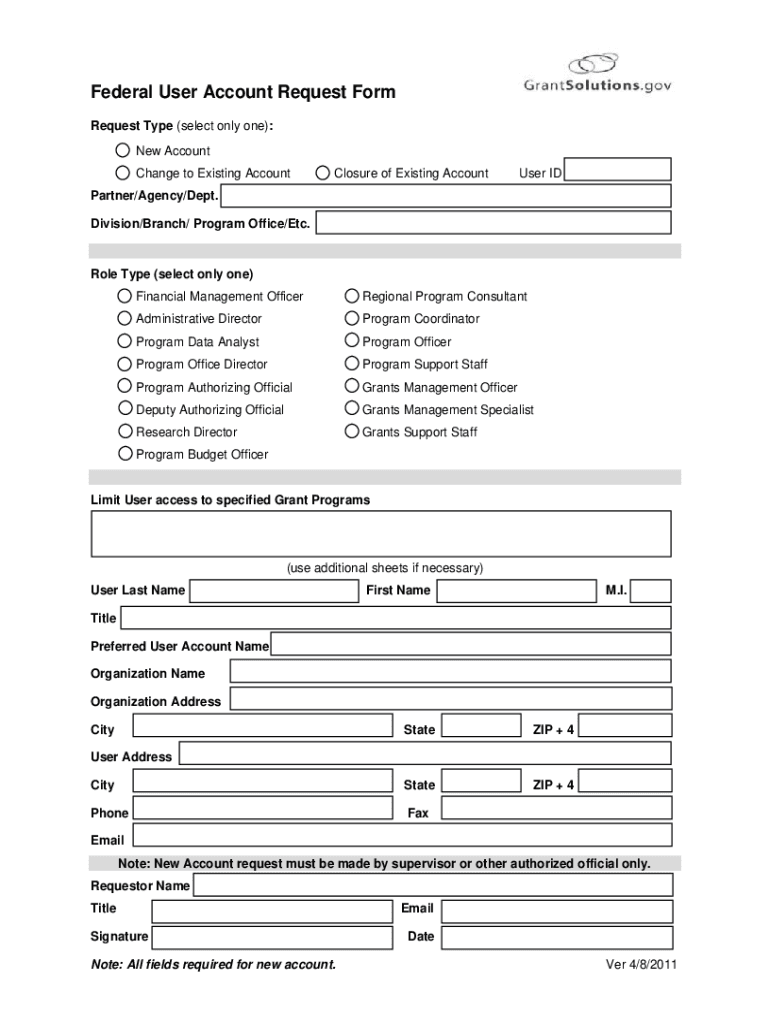  Grant Solutions User Account Request Form 2011
