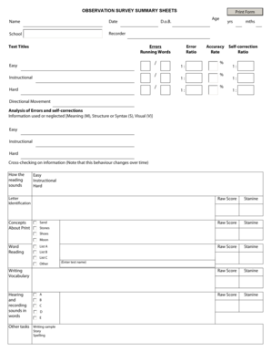 Observation Survey Summary Sheet  Form