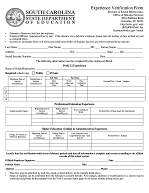 Experience Verification Form South Carolina Department of Ed Sc