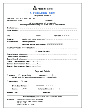 APPLICATION FORM Employee Number as on Payslip Austin Health Austin Org