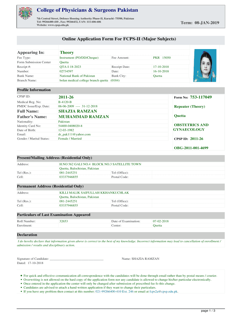 Online Application Form for Fcps Part 2