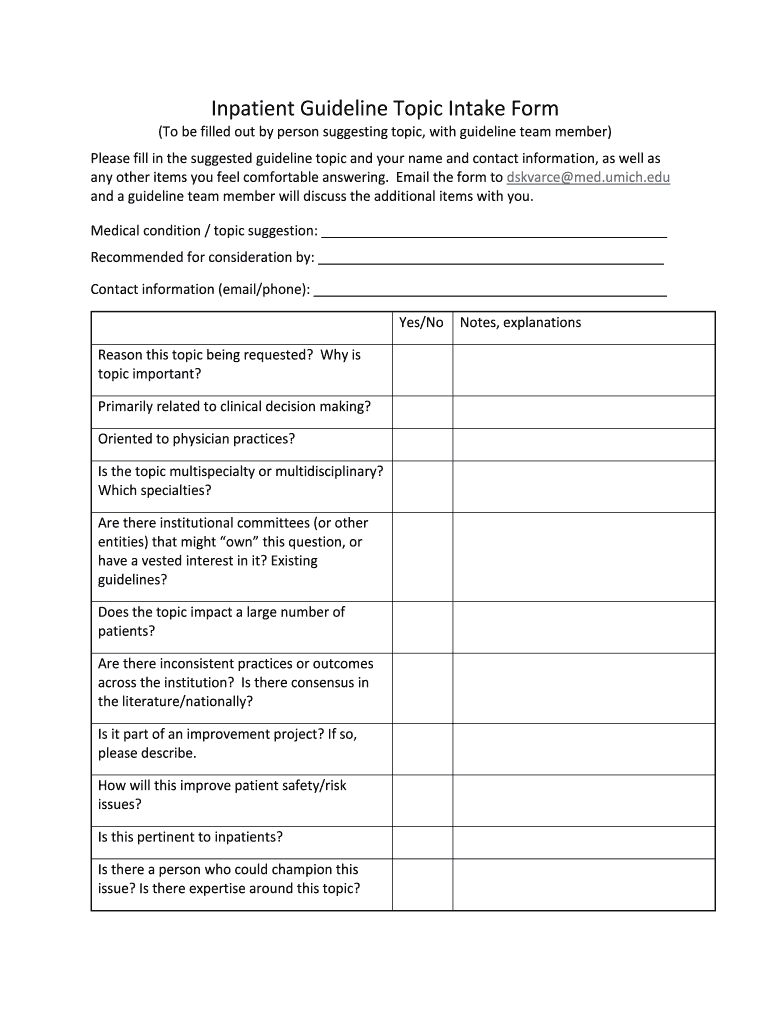 Inpatient Guideline Topic Intake Form