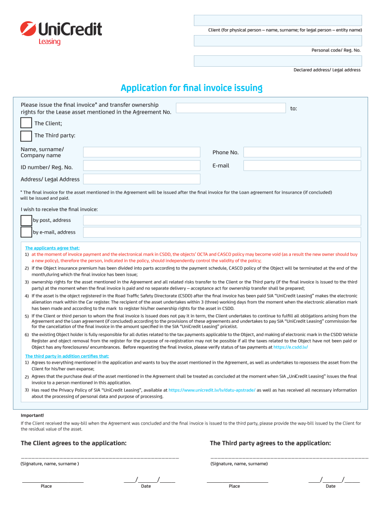 Application for Final Invoice Issuing UniCredit Leasing  Form