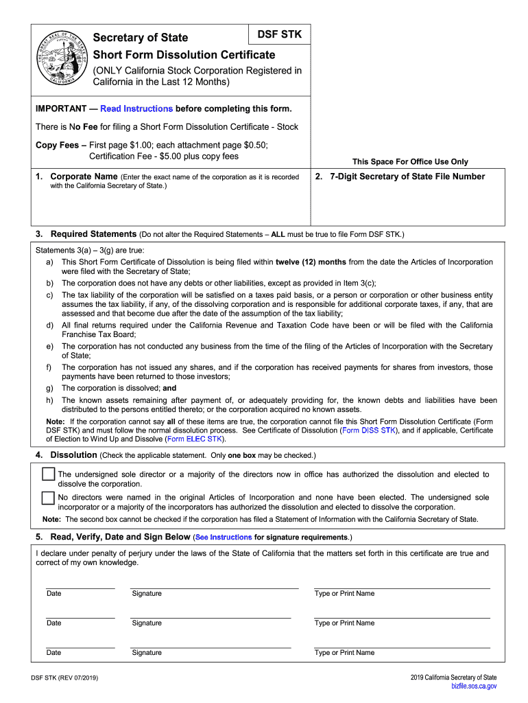  Certificate of Dissolution California 2019-2024