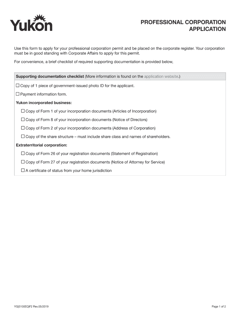 PROFESSIONAL CORPORATION REQUEST for Yukon Ca  Form
